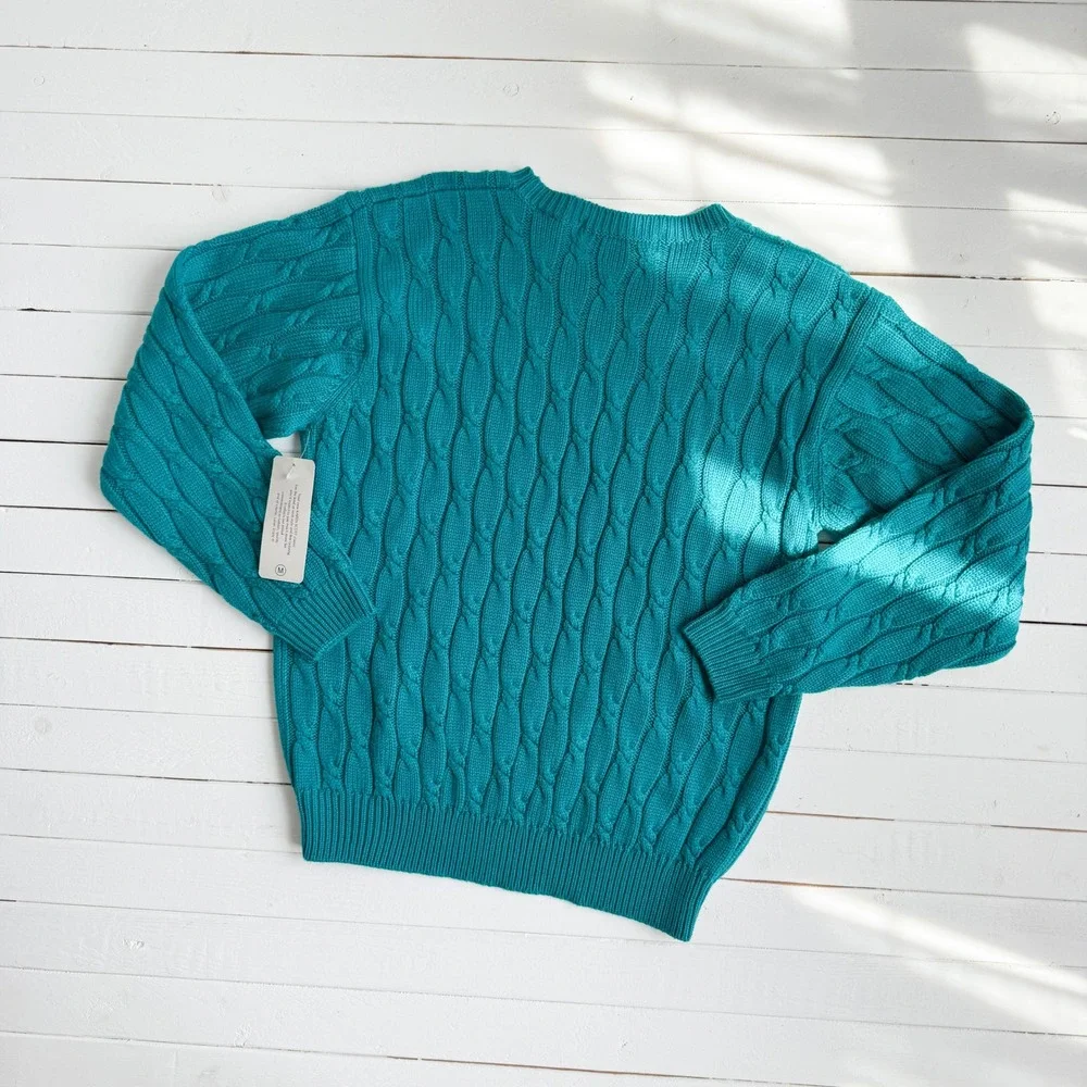 Karen Scott 80s vtg teal‎ cable knit sweater size M